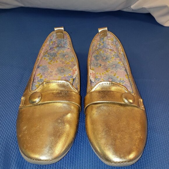 Haband! Mary Jane Slip On Shoes in Gold Metallic w/Floral Footbed - 7M - Picture 1 of 6